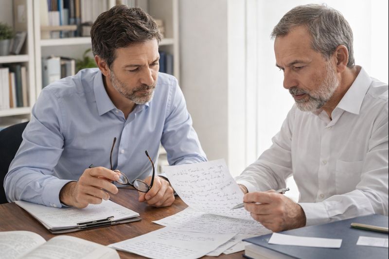 Psicólogo y perito grafólogo profesional analizando un documento manuscrito en un contexto de trabajo colaborativo.